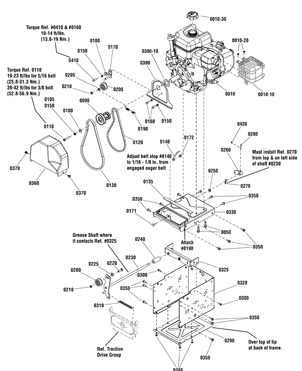 Engine And Frame Group Diagram and Parts List for 1696569-00 2015 Briggs and Stratton Snow Blower